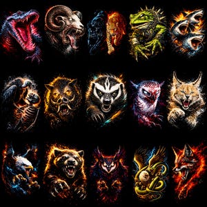 Puede incluir: Una colecci&oacute;n de arte digital que presenta varios animales, incluyendo un cocodrilo, un carnero, una pantera, un leopardo, una rana, tiburones, un buitre, un jabal&iacute;, un tej&oacute;n, un b&uacute;ho, un lince, un &aacute;guila, un oso, un b&uacute;ho, un &aacute;guila y un zorro. Cada animal se representa con detalles ardientes sobre un fondo negro.