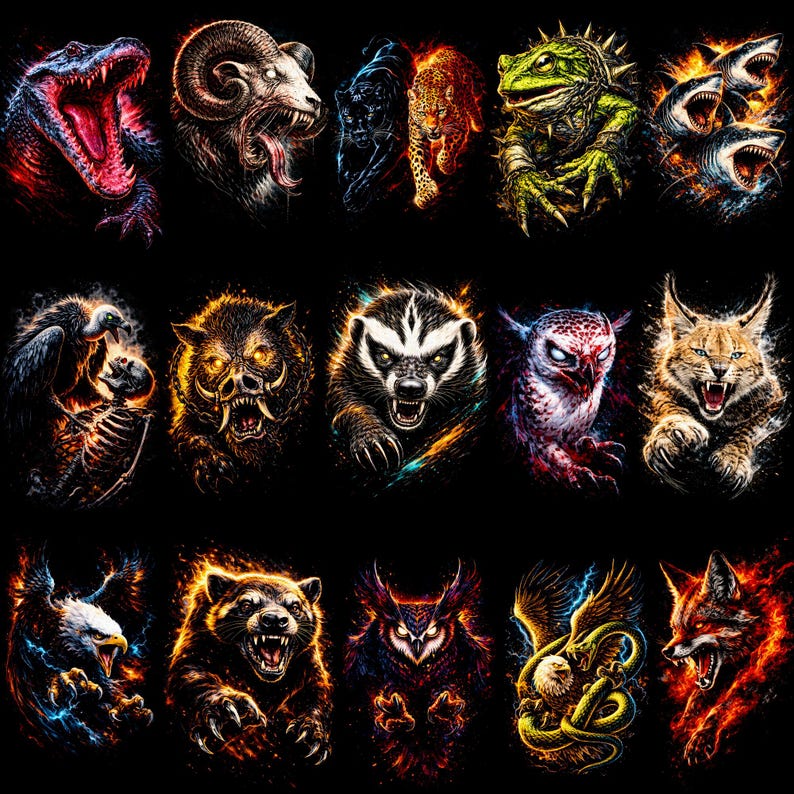 Puede incluir: Una colecci&oacute;n de arte digital que presenta varios animales, incluyendo un cocodrilo, un carnero, una pantera, un leopardo, una rana, tiburones, un buitre, un jabal&iacute;, un tej&oacute;n, un b&uacute;ho, un lince, un &aacute;guila, un oso, un b&uacute;ho, un &aacute;guila y un zorro. Cada animal se representa con detalles ardientes sobre un fondo negro.