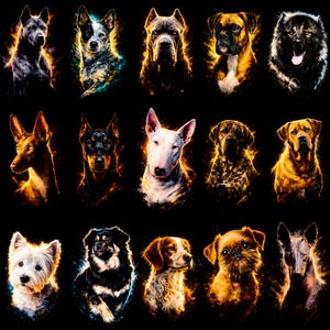 以下が含まれることがあります： 15匹の犬の肖像画のコレクション。それぞれ異なる犬種とユニークなカラーパレットが特徴です。犬たちは黒い背景に配置され、各頭部の周りに鮮やかで燃えるようなアクセントが施され、印象的な視覚効果を生み出しています。ボクサー、ブルテリア、ウェストハイランドホワイトテリアなどの犬種が含まれています。