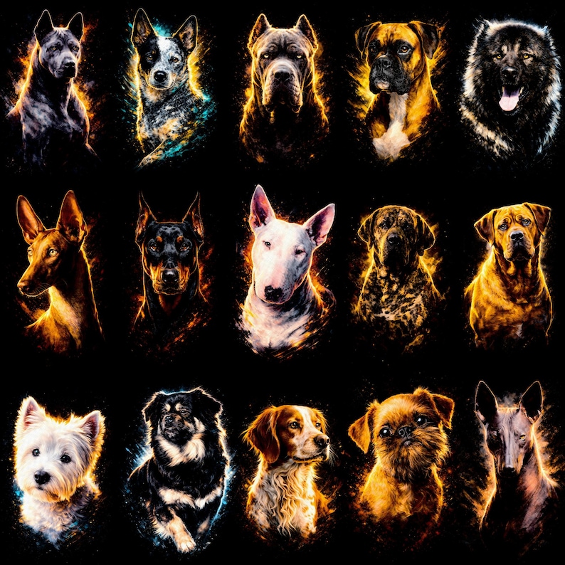 以下が含まれることがあります： 15匹の犬の肖像画のコレクション。それぞれ異なる犬種とユニークなカラーパレットが特徴です。犬たちは黒い背景に配置され、各頭部の周りに鮮やかで燃えるようなアクセントが施され、印象的な視覚効果を生み出しています。ボクサー、ブルテリア、ウェストハイランドホワイトテリアなどの犬種が含まれています。