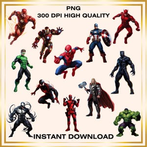Superhero PNG Clipart Bundle – Cute Comic Style Characters for Stickers, Birthday Decor, Crafts, Sublimation, T-Shirts, Instant Download