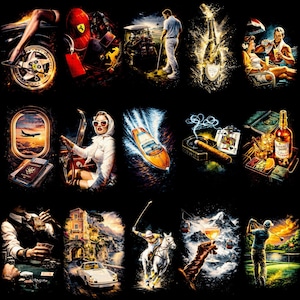 May include: A collection of illustrations depicting luxury lifestyle scenes. Images include a sports car, golf, champagne, a private jet, a boat, cigars, poker, a luxury car, polo, and golf.