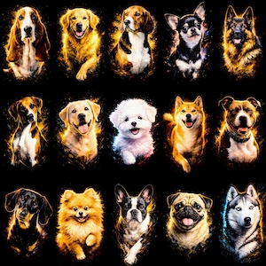 Op de afbeelding: Digitale kunstportretten van verschillende hondenrassen, waaronder een basset hound, golden retriever, beagle, chihuahua en Duitse herder. Elke hond is afgebeeld met levendige kleuren en een gloeiend effect tegen een zwarte achtergrond.