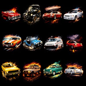May include: A collection of twelve distinct automobiles arranged in a grid against a black background. The vehicles include a red convertible, a vintage black car, a red sports car, a white saloon, an orange muscle car, a blue off-road vehicle, a white hatchback, a red sports car, a yellow saloon, a white SUV, a green coupe, and a white sports car.