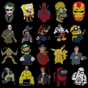 Op de afbeelding: Een zwarte achtergrond toont een raster van kleurrijke karakterillustraties. De karakters zijn onder meer The Joker, SpongeBob, Deadpool, Homer Simpson, Iron Man, Jason Voorhees, een ninja, Mario, Mickey Mouse, een Minion, een Ninja Turtle, Luigi, Freddy Krueger, Pikachu en anderen.