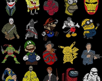 May include: A black background features a grid of colorful character illustrations. The characters include The Joker, SpongeBob, Deadpool, Homer Simpson, Iron Man, Jason Voorhees, a ninja, Mario, Mickey Mouse, a Minion, a Ninja Turtle, Luigi, Freddy Krueger, Pikachu, and others.