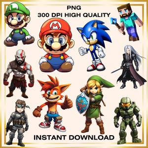 Gaming Characters PNG Bundle, Chibi Characters, Video Game Clipart, Cute Gamer Designs, Digital Download, Printable PNGs, Gaming Art Set
