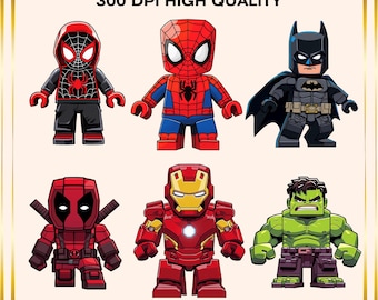 Puede incluir: Seis personajes de superhéroes de dibujos animados en fila. De izquierda a derecha: un Spider-Man rojo y negro, un Deadpool rojo y negro, un Iron Man rojo y dorado, un Spider-Man rojo y azul, un Batman negro y un Hulk verde.