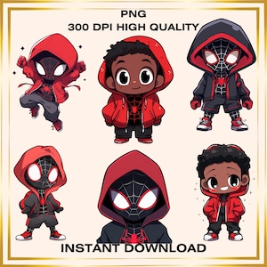 Chibi Miles Morales PNG Bundle - Superhero Clip Art, Spiderverse Graphics, Comic Book Elements, Transparent Background, Digital Download
