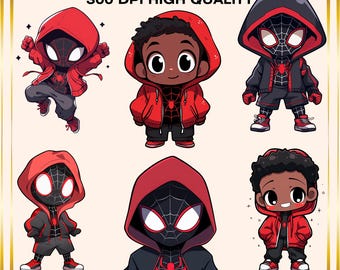 Chibi Miles Morales PNG Bundle - Superhero Clip Art, Spiderverse Graphics, Comic Book Elements, Transparent Background, Digital Download