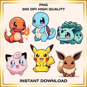 K&ouml;nnte beinhalten: Sechs Comic-Illustrationen beliebter Pok&eacute;mon-Charaktere. Die Charaktere sind: Glumanda, Schiggy, Bisasam, Pikachu, Pummeluff und Evoli.