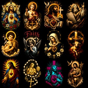 Könnte beinhalten: Eine Sammlung von zwölf verschiedenen religiösen Illustrationen auf schwarzem Hintergrund, die Jesus, die Jungfrau Maria, Engel, ein Lamm und einen Rosenkranz darstellen, mit verschiedenen Symbolen wie Kreuzen, Herzen und Heiligenscheinen in leuchtenden Farben.