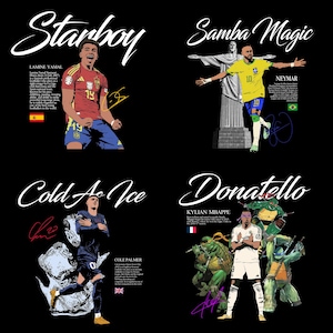Op de afbeelding: Zwarte grafische kunst met vier illustraties van voetballers. Links boven staat "Starboy" met Lamine Yamal in een rood-geel shirt. Rechtsboven staat "Samba Magic" met Neymar in een geel shirt. Linksonder staat "Cold As Ice" met Cole Palmer. Rechtsonder staat "Donatello" met Kylian Mbappe.