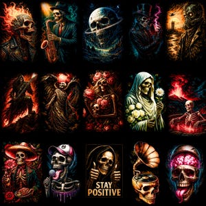 May include: A collection of colorful digital art prints featuring stylized skeleton illustrations. Each image showcases a unique skeleton design, with themes including musicians, angels, and figures with flowers. The phrase "Stay Positive" is included in one image.