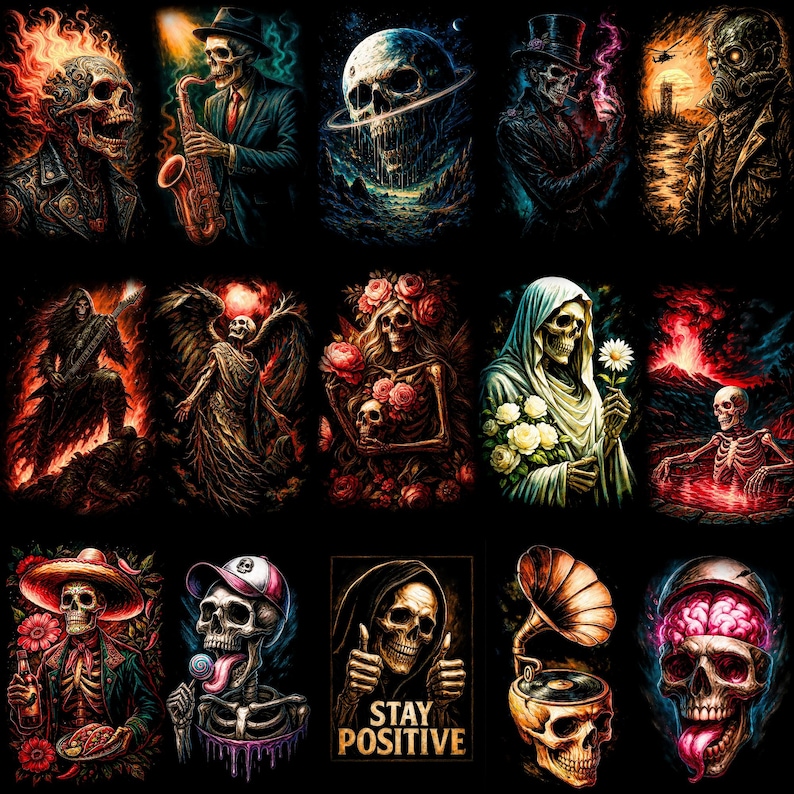 May include: A collection of colorful digital art prints featuring stylized skeleton illustrations. Each image showcases a unique skeleton design, with themes including musicians, angels, and figures with flowers. The phrase "Stay Positive" is included in one image.