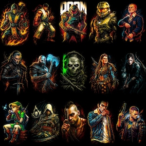 Puede incluir: Una colección de arte digital con varios personajes de videojuegos. La obra de arte incluye personajes de juegos como Mortal Kombat, Doom, Halo y otros. Cada personaje se representa de forma detallada y estilizada, con colores vibrantes y poses dinámicas sobre un fondo negro.