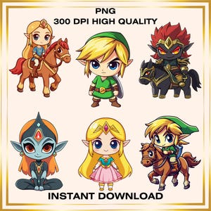 Kawaii Zelda PNG Bundle – 6 The Legend of Zelda Characters, Breath of the Wild Clipart for Stickers, Sublimation, Crafts, Digital Download
