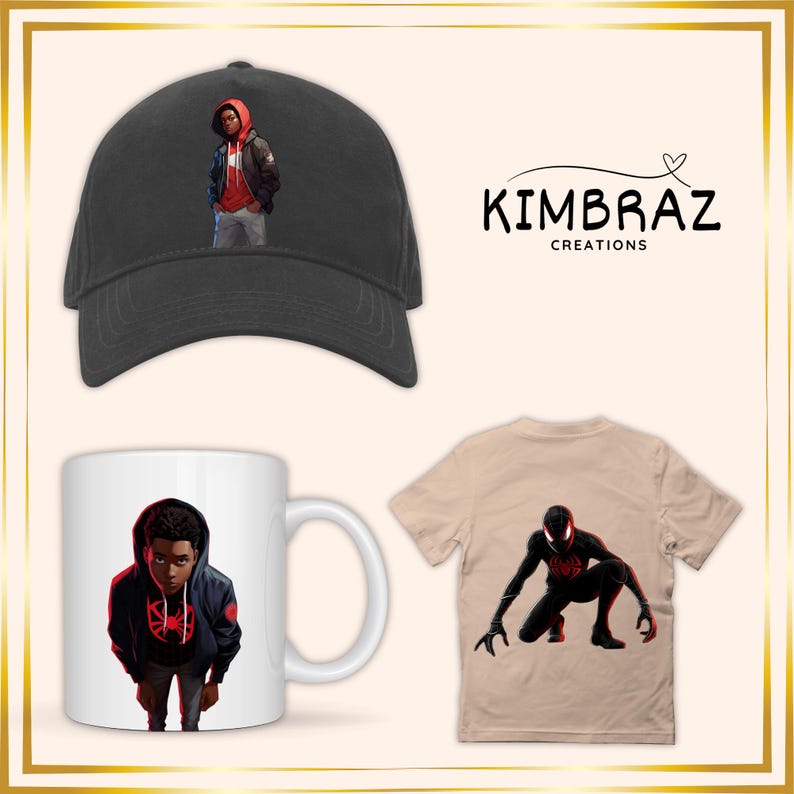 May include: A black baseball cap with a red and black cartoon character wearing a red jacket and black pants. A white mug with a red and black cartoon character wearing a blue jacket and black pants. A beige t-shirt with a black cartoon character wearing a red and black suit. The text "KIMBRAZ CREATIONS" is in the top right corner of the image.