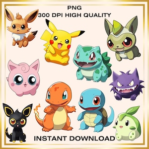 Kawaii Pokemon PNG Bundle – Cute Chibi Clipart, Anime Style Digital Download, Sublimation Art, Stickers, T-Shirts, Digital Download