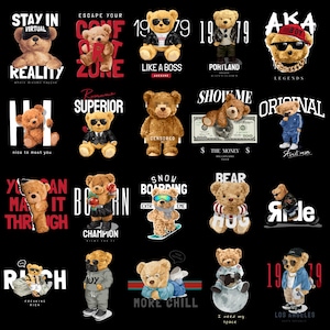 May include: A collection of teddy bear illustrations on a black backdrop. The bears are styled in diverse ways, sporting sunglasses, jackets, and accessories. Text elements include phrases such as "Like a Boss," "Original," and "More Chill."