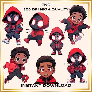 Miles Morales Chibi PNG Bundle, Clipart di supereroi carini, Download digitale, Stile fumetto, PNG stampabili, Spider Hero, Download digitale