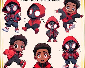 Miles Morales Chibi PNG Bundle, Cute Superhero Clipart, Digital Download, Comic Book Style, Printable PNGs, Spider Hero, Digital Download