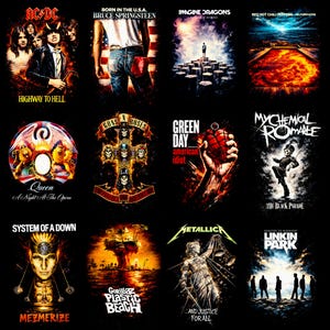 May include: A collection of album art featuring various rock bands, including AC/DC, Bruce Springsteen, Imagine Dragons, Red Hot Chili Peppers, Queen, Guns N' Roses, Green Day, My Chemical Romance, System of a Down, Gorillaz, Metallica, and Linkin Park. Each album cover is distinct.