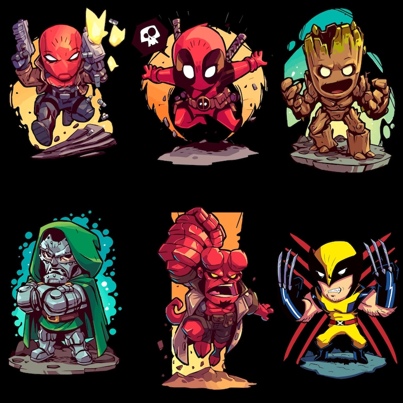 May include: A collection of six cartoon illustrations of comic book characters on a black background. The characters include Red Hood, Deadpool, Groot, Doctor Doom, Hellboy, and Wolverine, each in a dynamic pose.