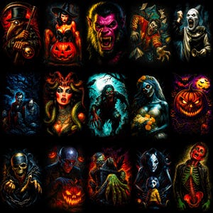Könnte beinhalten: Eine Sammlung farbenfroher, digital illustrierter Porträts zum Thema Halloween. Die Bilder zeigen verschiedene Monster und Charaktere, darunter ein Pestdoktor, eine Hexe, ein Werwolf, Zombies und ein Vampir. Die Kunstwerke haben eine dunkle, gotische Ästhetik.
