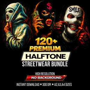 Paquete de más de 120 diseños de ropa urbana de semitonos | Archivos PNG DTF y DTG | Gráficos para camisetas en A2, A3 y A4 | Colección de estampados urbanos listos para imprimir