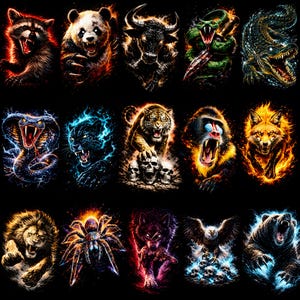Puede incluir: Una colecci&oacute;n de arte digital que presenta varios animales, incluyendo un mapache, un panda, un toro, una serpiente y un cocodrilo. Cada animal est&aacute; representado con detalles ardientes y brillantes sobre un fondo negro, creando un efecto dram&aacute;tico.