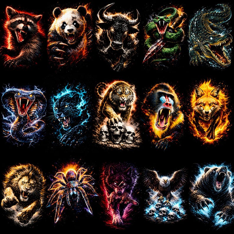 Puede incluir: Una colecci&oacute;n de arte digital que presenta varios animales, incluyendo un mapache, un panda, un toro, una serpiente y un cocodrilo. Cada animal est&aacute; representado con detalles ardientes y brillantes sobre un fondo negro, creando un efecto dram&aacute;tico.