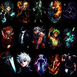 May include: A collection of colorful anime character illustrations on a black background. Each character is depicted with dynamic poses and vibrant energy effects, showcasing a variety of styles and designs. The artwork features bold colors and detailed linework.
