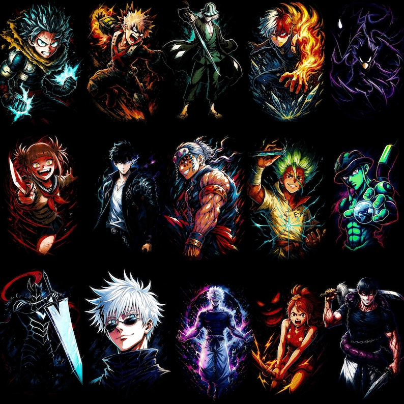 May include: A collection of colorful anime character illustrations on a black background. Each character is depicted with dynamic poses and vibrant energy effects, showcasing a variety of styles and designs. The artwork features bold colors and detailed linework.