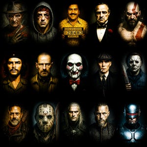 Op de afbeelding: Een digitale kunstprint met portretten van iconische personages uit films en televisie. De afbeelding bevat personages als Freddy Krueger, Rocky Balboa en The Godfather, en anderen. De portretten staan tegen een zwarte achtergrond.