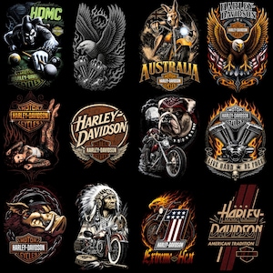 Puede incluir: Una colecci&oacute;n de doce dise&ntilde;os gr&aacute;ficos con la marca Harley-Davidson, que incluye ilustraciones de una figura jugando al billar, un &aacute;guila calva, un canguro en motocicleta, una figura pin-up, un bulldog, un jabal&iacute; y una figura nativa americana.