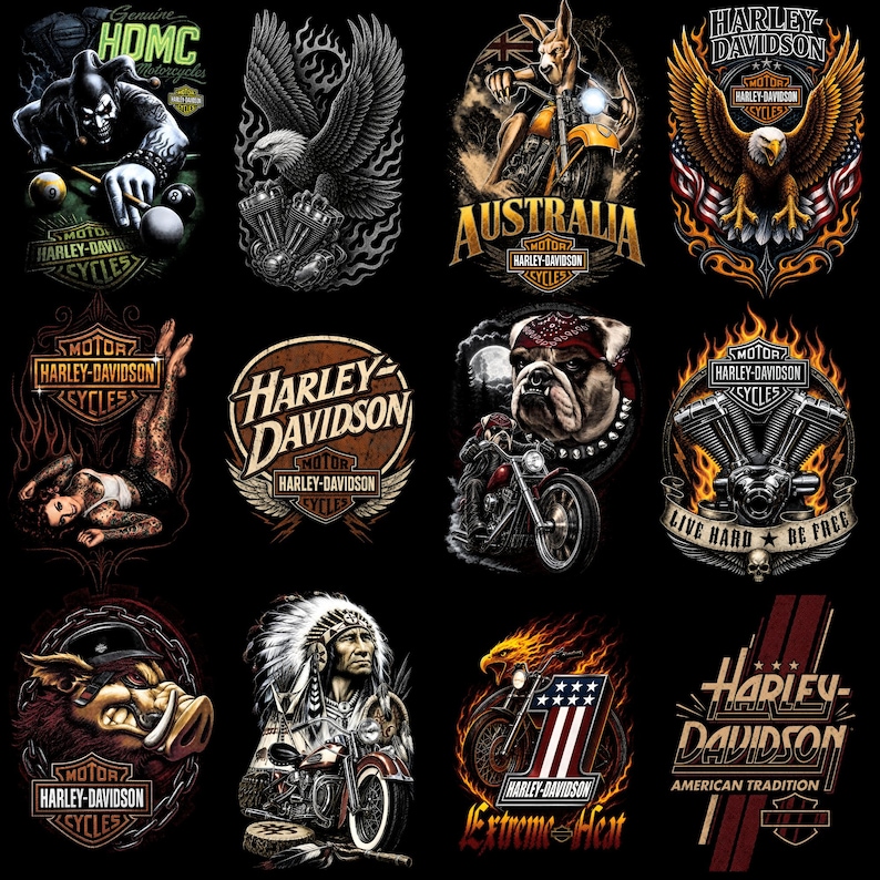 Puede incluir: Una colecci&oacute;n de doce dise&ntilde;os gr&aacute;ficos con la marca Harley-Davidson, que incluye ilustraciones de una figura jugando al billar, un &aacute;guila calva, un canguro en motocicleta, una figura pin-up, un bulldog, un jabal&iacute; y una figura nativa americana.