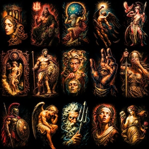 Op de afbeelding: Een verzameling digitale kunstprints met verschillende mythologische figuren. Elke afbeelding toont een andere god of godin, weergegeven in een gedetailleerde, artistieke stijl met levendige kleuren en dramatische belichting. De kunstwerken staan tegen een zwarte achtergrond.