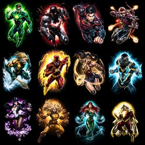 Może przedstawiać: Kolekcja dwunastu ilustracji superbohaterów DC Comics na czarnym tle. Postacie, w tym Green Lantern, Batman i Superman, przedstawione są w dynamicznych pozach z żywymi kolorami i efektami specjalnymi.
