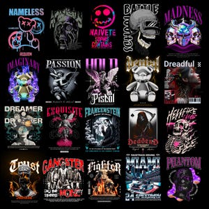 Op de afbeelding: Een verzameling grafische ontwerpen op een zwarte achtergrond. De ontwerpen omvatten schedels, engelen, teddyberen en tekst zoals "Nameless", "Anxiety", "Madness" en "Miami". Het kleurenpalet is divers, met neonroze, blauwe en paarse accenten.