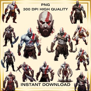 Kratos PNG Bundle, God of War Clipart, Gaming Character PNGs, Digital Download, Printable Game Art, Spartan Warrior PNG, God Of War Png