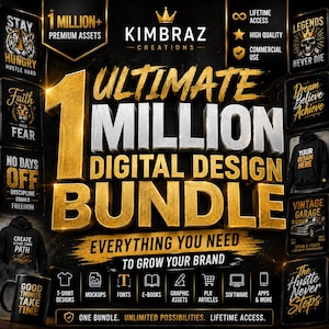 Peut inclure: Une publicité pour un lot de designs numériques avec le texte 1 MILLION+ PREMIUM ASSETS et ULTIMATE 1 MILLION DIGITAL DESIGN BUNDLE en grandes lettres 3D dorées et argentées. Le graphique inclut des icônes pour t-shirts, polices et logiciels.