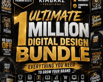 May include: A digital design bundle advertisement featuring the text 1 MILLION+ PREMIUM ASSETS and ULTIMATE 1 MILLION DIGITAL DESIGN BUNDLE in large gold and silver 3D lettering. The graphic includes icons for t-shirts, fonts, and software.