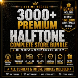 3000+ Premium Halftone Designs Bundle | Lifetime Access | All Bundles Included | DTF DTG PNG for T-Shirts | Digital Download