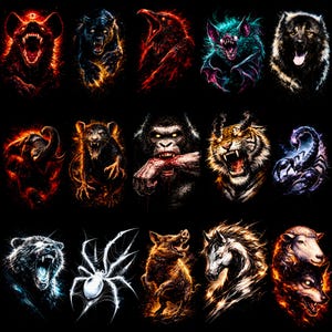 Puede incluir: Una colecci&oacute;n de retratos estilizados de animales, cada uno representado con colores vibrantes y ardientes sobre un fondo negro. Las im&aacute;genes incluyen un oso, una pantera, un cuervo, un murci&eacute;lago, un perro, un elefante, una rata, un gorila, un tigre, un escorpi&oacute;n, una ara&ntilde;a, un jabal&iacute;, un caballo, una oveja y un lobo.