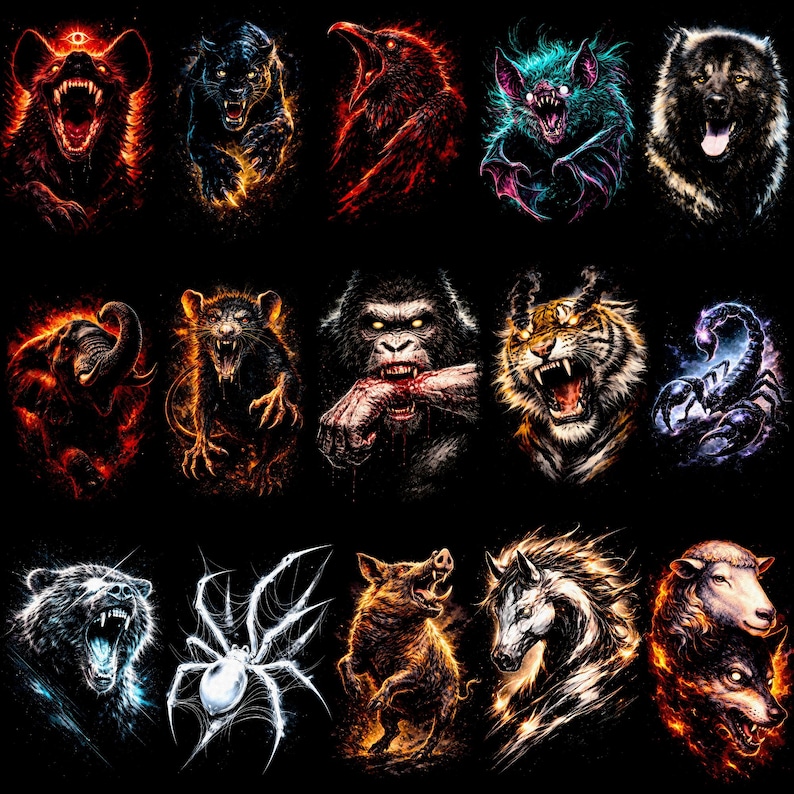 Puede incluir: Una colecci&oacute;n de retratos estilizados de animales, cada uno representado con colores vibrantes y ardientes sobre un fondo negro. Las im&aacute;genes incluyen un oso, una pantera, un cuervo, un murci&eacute;lago, un perro, un elefante, una rata, un gorila, un tigre, un escorpi&oacute;n, una ara&ntilde;a, un jabal&iacute;, un caballo, una oveja y un lobo.