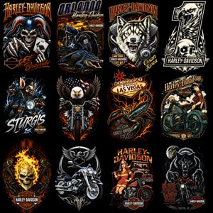 Könnte beinhalten: Eine Sammlung von zwölf verschiedenen Harley-Davidson-Grafikdesigns mit diversen Motiven wie Totenköpfen, Motorrädern, Wölfen, Adlern, einem Skorpion, einem Las Vegas-Schild und Figuren, alle auf schwarzem Hintergrund.
