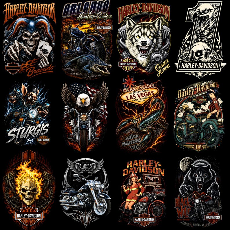 Puede incluir: Una colecci&oacute;n de doce dise&ntilde;os gr&aacute;ficos distintos de Harley-Davidson que presentan varios motivos, incluyendo calaveras, motocicletas, lobos, &aacute;guilas, un escorpi&oacute;n, un letrero de Las Vegas y figuras, sobre un fondo negro.