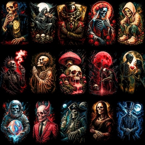 May include: A series of digital art prints depicting skeletons in diverse scenarios. The images feature skeletons in outfits like a suit, a pirate costume, and a spacesuit. The colour scheme includes red, blue, and gold, with a dark background.
