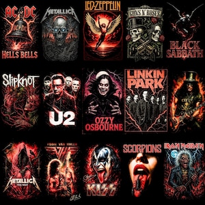 以下が含まれることがあります： AC/DC、Metallica、Led Zeppelin、Guns N' Roses、Black Sabbath、Slipknot、U2、Ozzy Osbourne、Linkin Parkなど、象徴的なバンドのポスターコレクション。各ポスターは、バンドのロゴとアートワークを備えたユニークなデザインです。